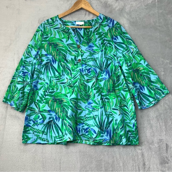 J. Jill Tops - J. Jill Floral Blue/Green  Cotton Top V-Neck. Women’s Size Large.